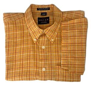 BOGO 50%OFF Oscar‎ by Oscar de la Renta Linen Shirt Men’s Sz L Orange Checkered